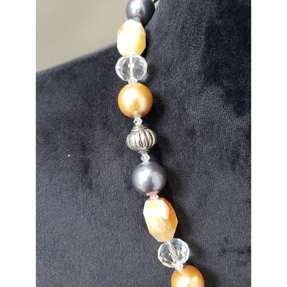Women's Mixed Bead Necklace Gold Gray Clear Statement Lobster Clasp Chunky Boho - Picture 5 of 6